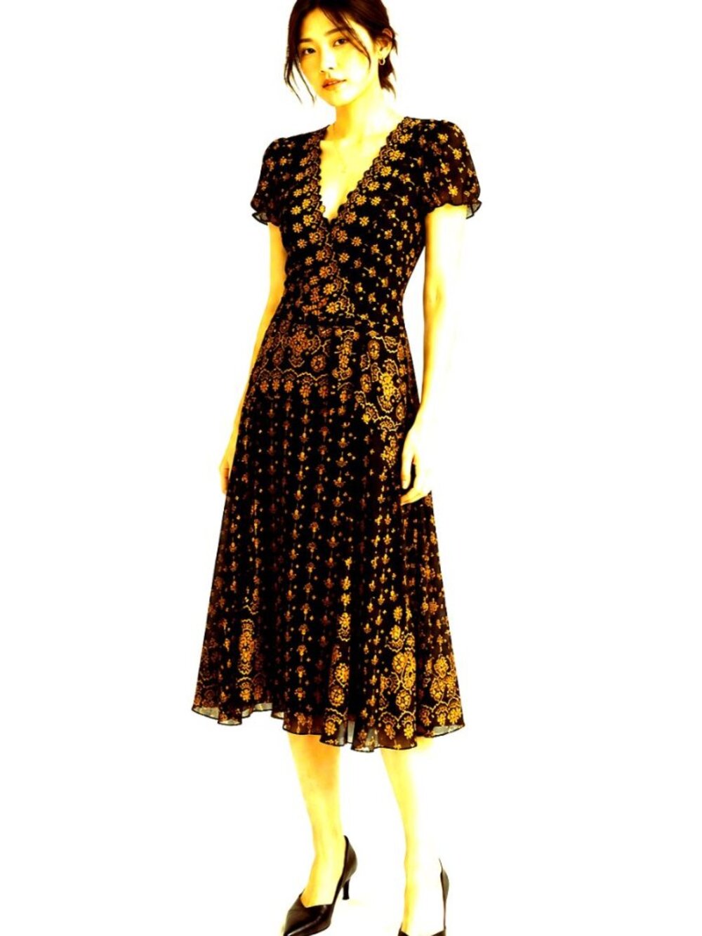 Brown & Gold Floral Summer Dress w/ V neck Flutter sleeves, Peplum Accent, Sz 12